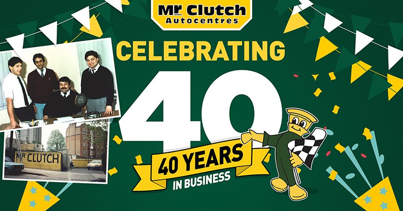 Image of the founding brothers and one of the first Mr Clutch garage, with a text highlighting Mr Clutch Autocentres Celebrating 40 years in business