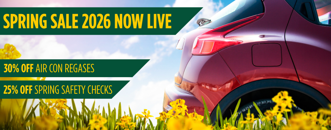 Car driving on a spring day with Mr Clutch Spring Sale 2026 air con and offers
